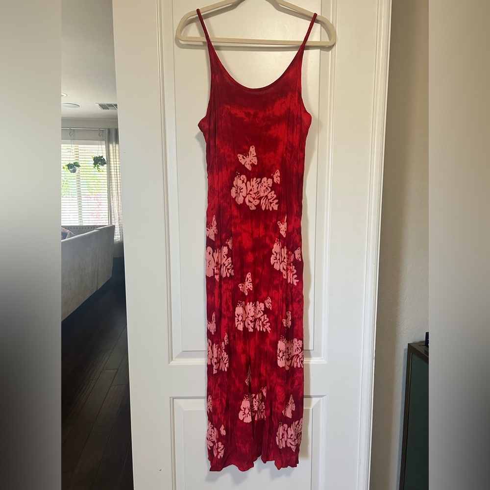🌺♥️ Vintage Hawaiian Red Tie Dye Floral Maxi Dress Resort wear 🌺♥️